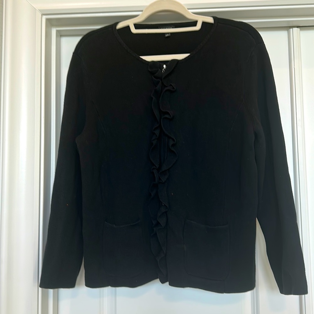 Talbots Black Micro Waffle Knit Ruffle Zip Up Light Weight Jacket - Picture 8 of 8